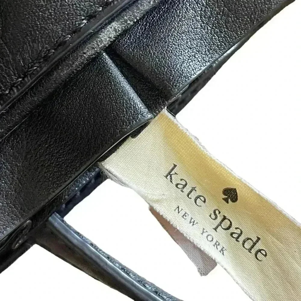 Kate Spade New York Logo Black Leather Tote Double Handles Shoulder Bag Ruffle